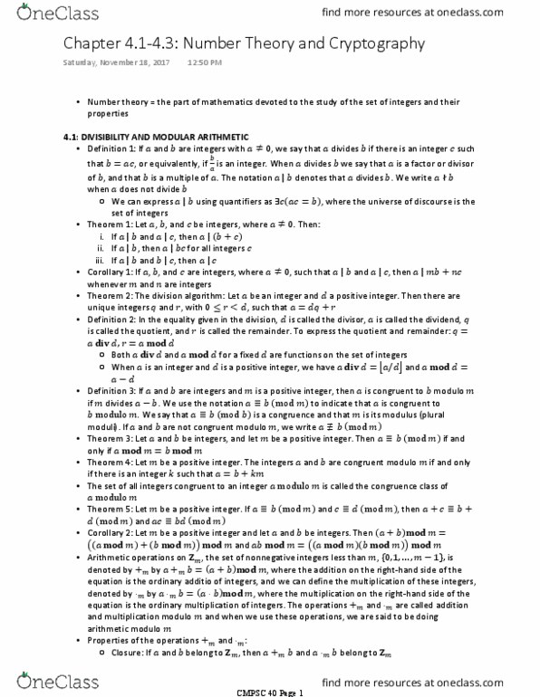 CMPSC 40 Chapter Notes - Chapter 4.1-4.3: Number Theory, Modular Arithmetic, Division Algorithm thumbnail