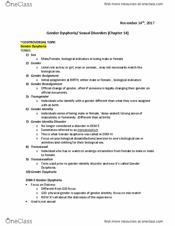PS280 Lecture Notes - Lecture 9: Secondary Sex Characteristic, Gender Dysphoria, Hypoactive Sexual Desire Disorder thumbnail