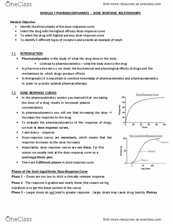 Pharmacology 2060A/B Lecture Notes - Lecture 7: Pharmacodynamics, Ed50, Pharmacokinetics thumbnail
