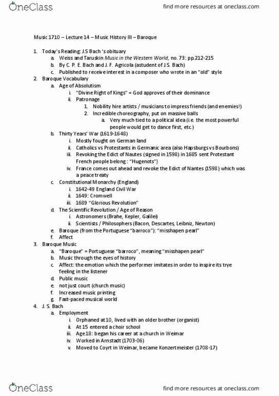 Music 1710F/G Lecture Notes - Lecture 12: Johann Sebastian Bach, Huguenot, Scientific Revolution thumbnail