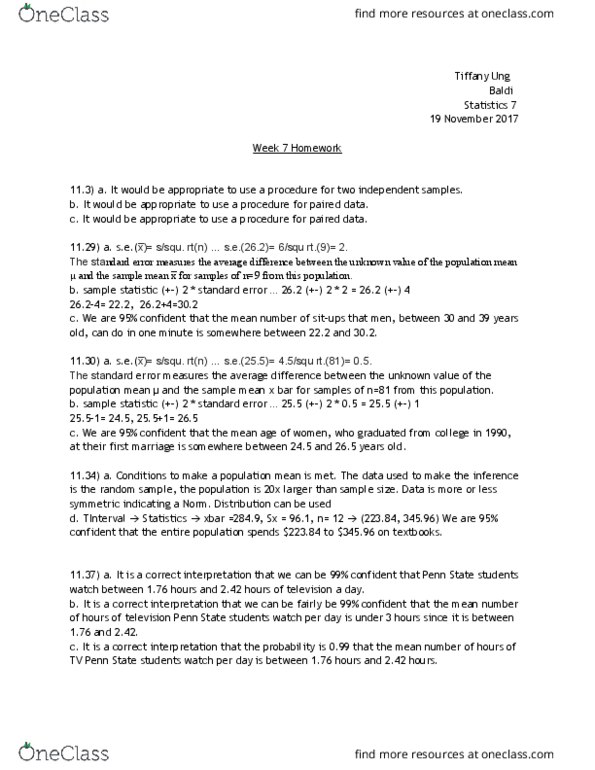 STATS 7 Lecture Notes - Lecture 7: Statistic, Confidence Interval, Standard Deviation thumbnail