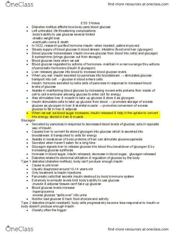 ESS 3 Lecture Notes - Lecture 6: Diabetes Mellitus Type 1, Pancreas, Diabetes Mellitus Type 2 thumbnail