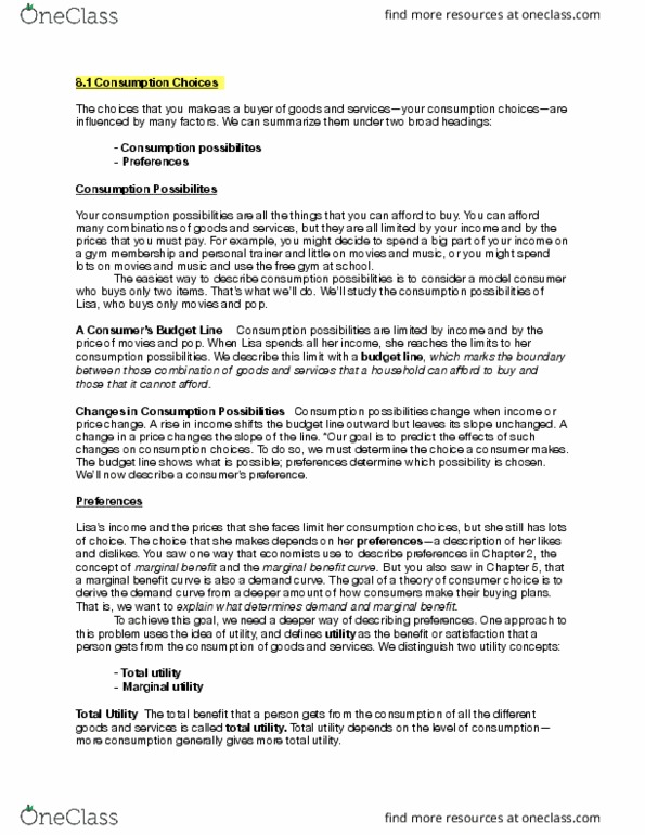 ECON 1000 Chapter Notes - Chapter 8-9: Demand Curve, Utility, Marginal Utility thumbnail