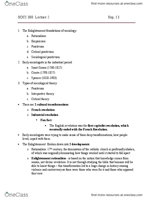 SOCI 300 Lecture Notes - Lecture 2: Industrial Revolution, Empiricism, Rationality thumbnail