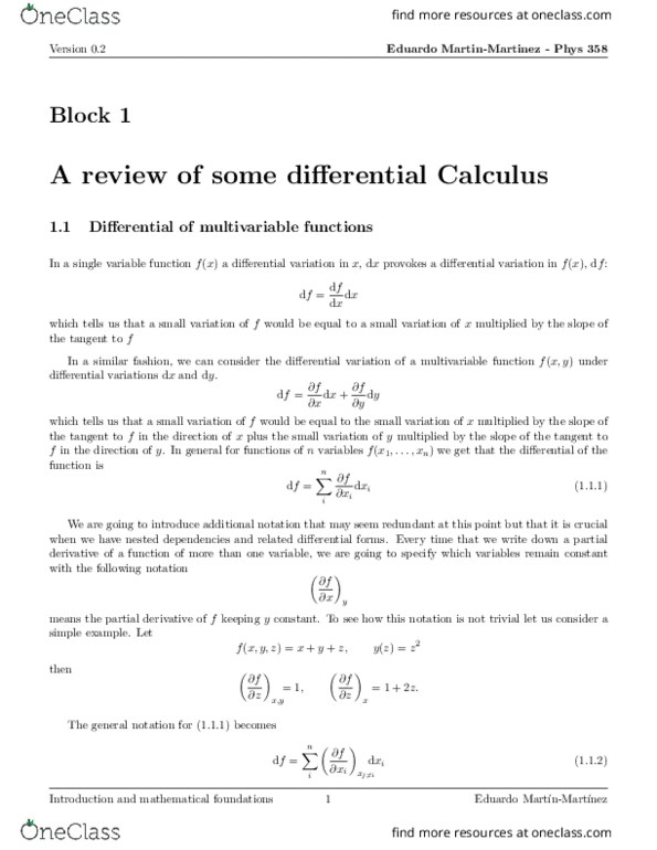 PHYS358 Lecture Notes - Lecture 1: Partial Derivative, R V R, Total Derivative thumbnail