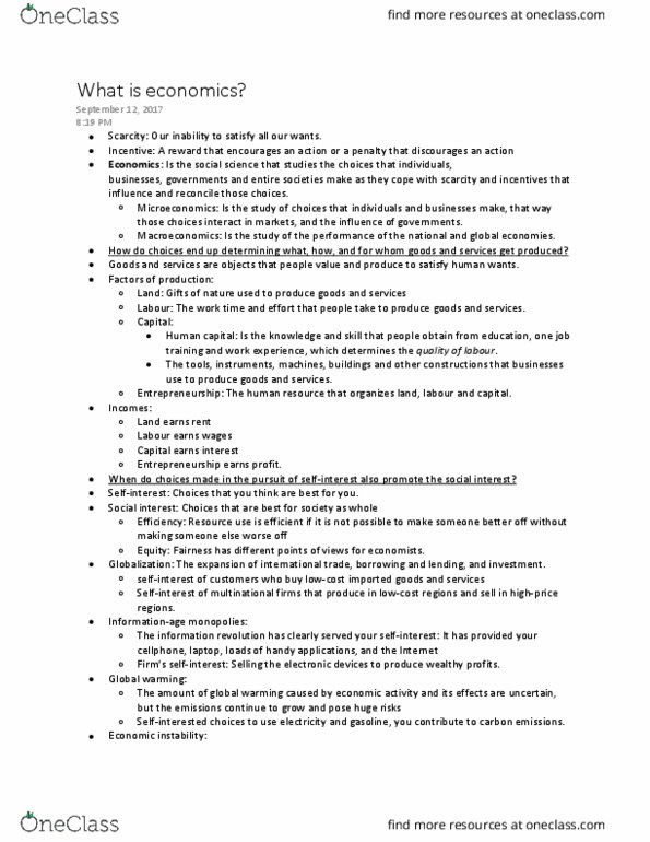 ECON 1000 Lecture Notes - Lecture 2: Global Warming, Economic Model, Marginal Utility thumbnail