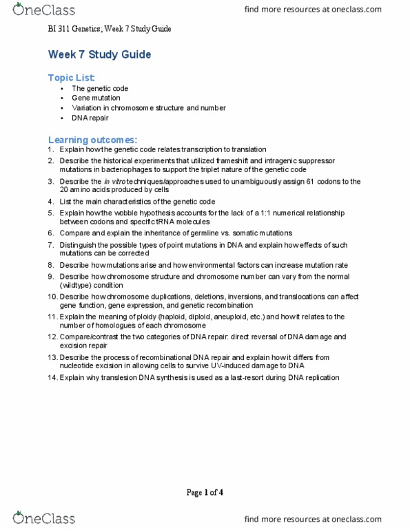 BIOE 185 Lecture Notes - Lecture 7: Alkylation, Endonuclease, Chromosomal Inversion thumbnail