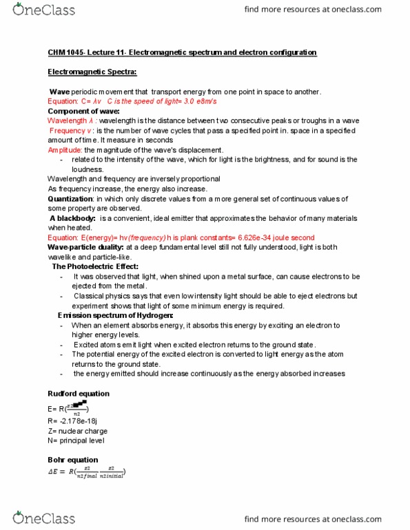 CHM-1045 Lecture Notes - Lecture 11: Photon, Quantum Number, Bohr Model thumbnail