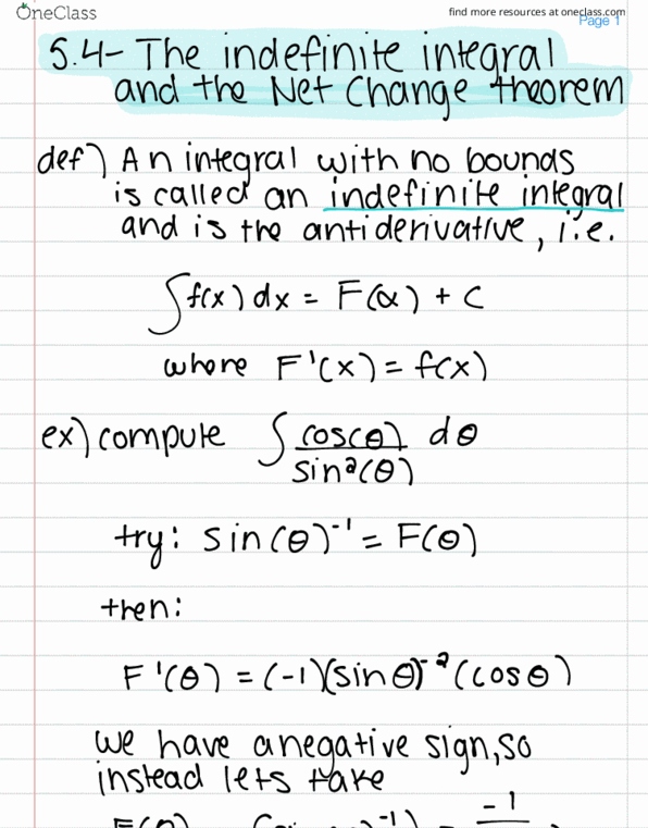 MAC-2311 Lecture 34: 5.4 - The Indefinite Integral & the Net Change Theorem thumbnail