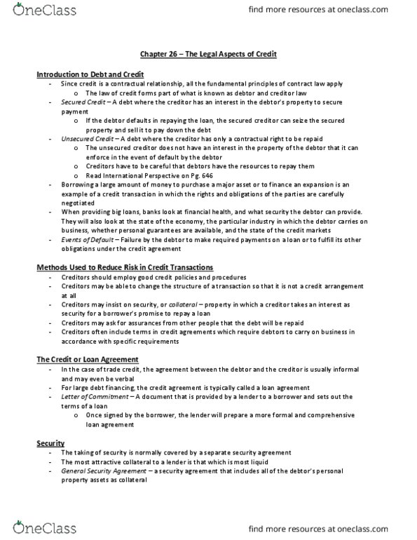 Management and Organizational Studies 2275A/B Chapter Notes - Chapter 26: Unsecured Creditor, Accounts Receivable, Public Auction thumbnail