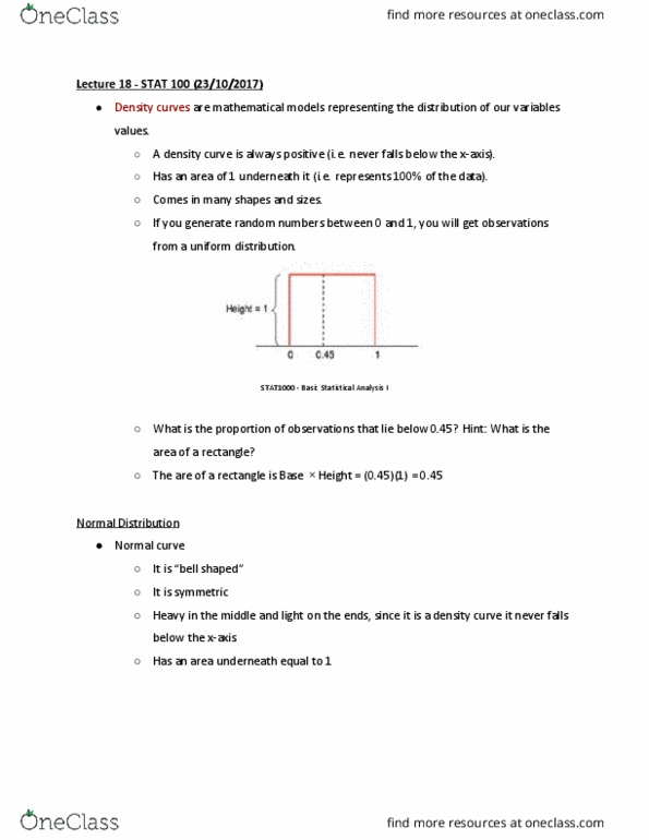 STAT 1000 Lecture Notes - Lecture 18: Random Variable, Normal Distribution thumbnail