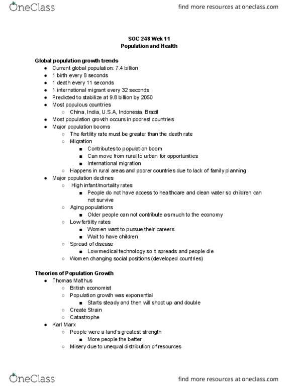 SOC 248 Lecture Notes - Lecture 20: Infant Mortality, Thomas Robert Malthus, Demographic Transition thumbnail
