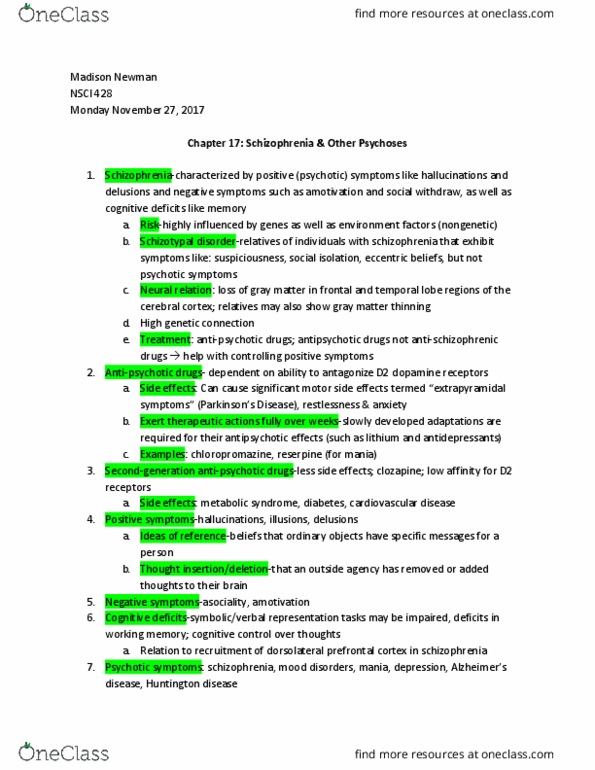 NSCI428 Chapter Notes - Chapter 17: Dopamine Receptor D2, Cardiovascular Disease, Schizophrenia thumbnail