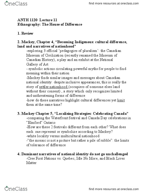 ANTH 1120 Lecture Notes - Lecture 11: Canada Day, Idle No More thumbnail