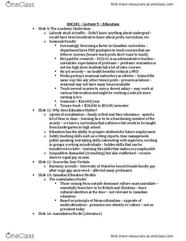 SOC101 Lecture Notes - Lecture 9: Multicultural Education, Monoculturalism, Class Discrimination thumbnail