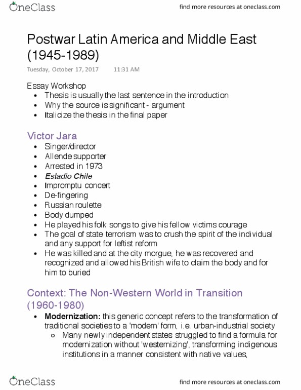 HIS 1111 Lecture Notes - Lecture 10: Washington Consensus, Víctor Jara, Blood Transfusion thumbnail