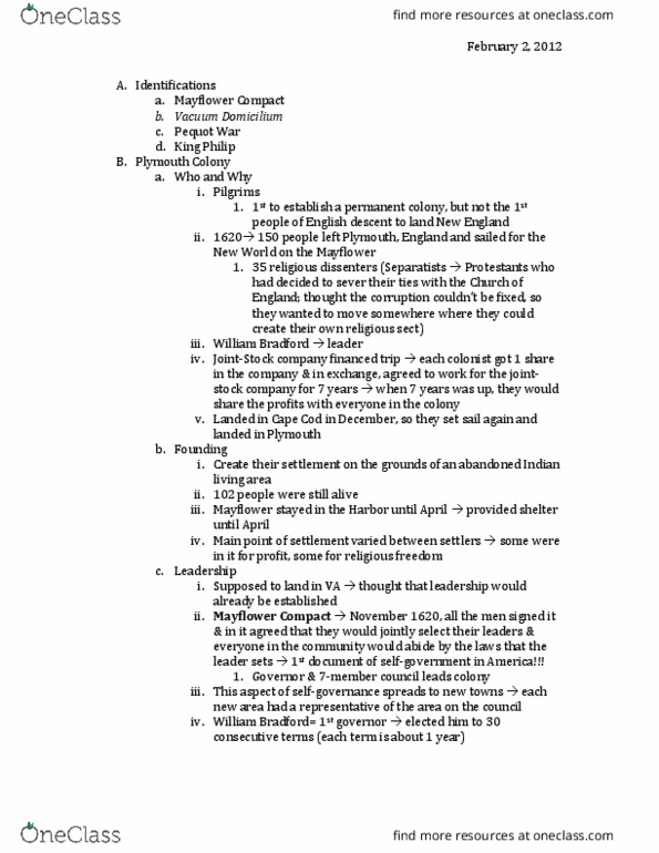 HIST 1310 Lecture Notes - Lecture 5: Storge, Wampanoag People, New England Colonies thumbnail