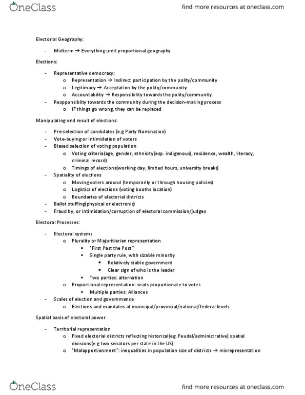 GEOG 329 Lecture Notes - Lecture 13: Representative Democracy, Electoral Fraud, Proportional Representation thumbnail