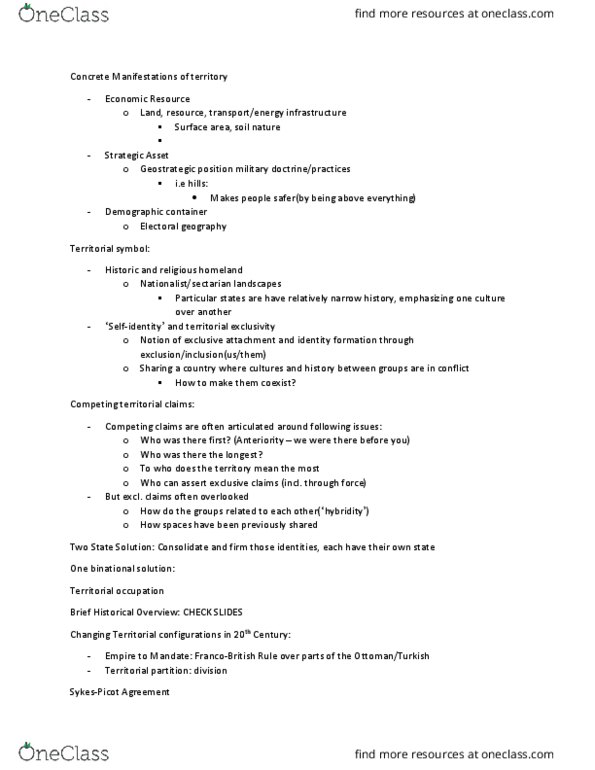 GEOG 329 Lecture Notes - Lecture 15: Homeland For The Jewish People, Two-State Solution, One-State Solution thumbnail