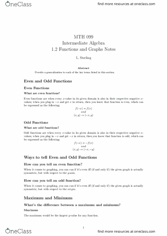 MTH 99 Lecture Notes - Lecture 2: Even And Odd Functions, Trigonometric Functions, Maxima And Minima thumbnail