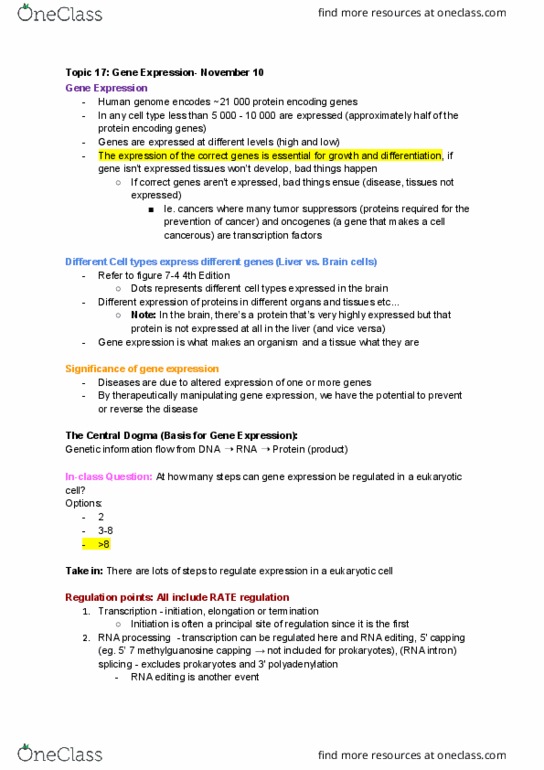 Biochemistry 2280A Lecture Notes - Lecture 1: Gene Expression, Pyrophosphate, Oncogene thumbnail