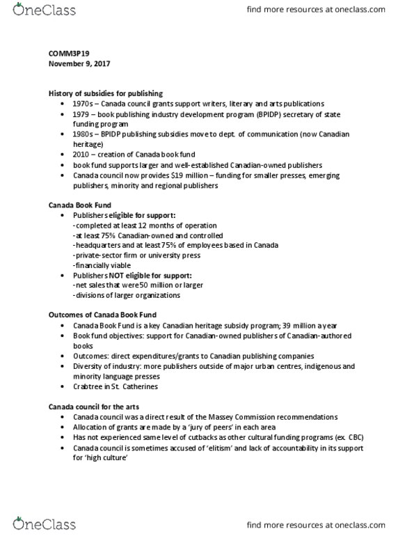 COMM 3P19 Lecture Notes - Lecture 15: Canada Council thumbnail