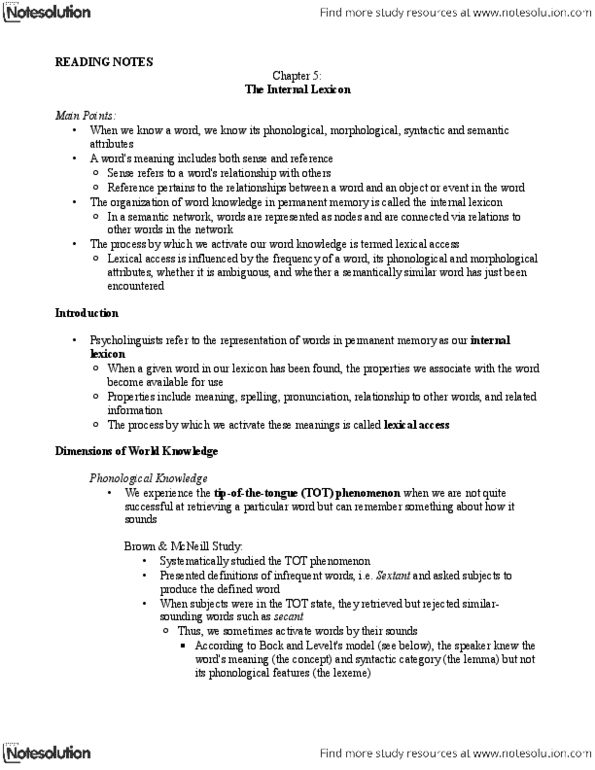 PS366 Chapter Notes - Chapter 5: Tacit Knowledge, Cohort Model, Grammatical Gender thumbnail