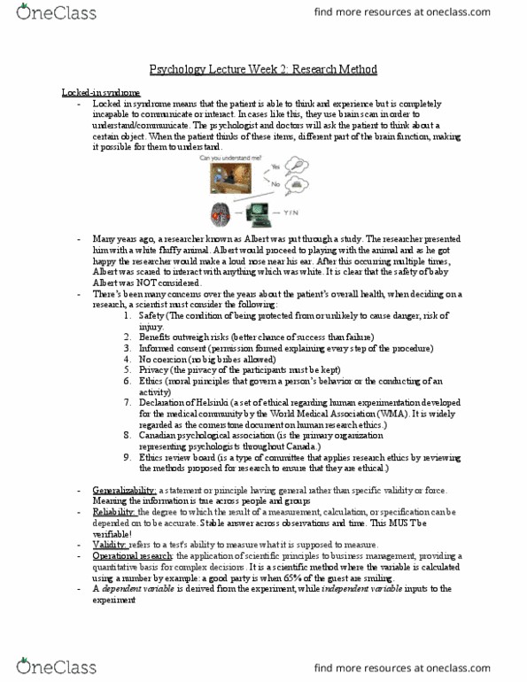 PSYC 100 Lecture Notes - Lecture 2: Canadian Psychological Association, Informed Consent, World Medical Association thumbnail