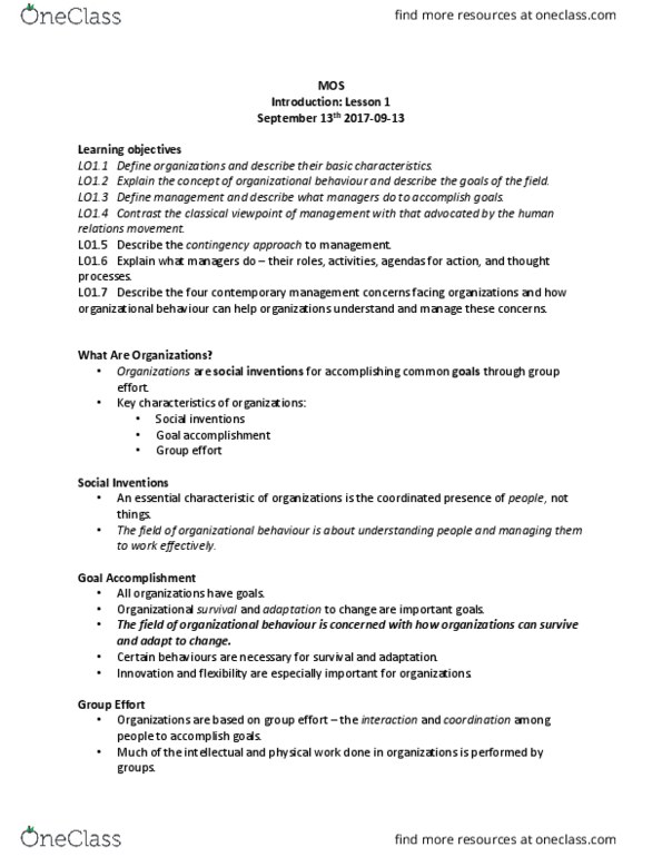 Management and Organizational Studies 2181A/B Lecture Notes - Lecture 1: Career Development, Ideal Type, Job Performance thumbnail