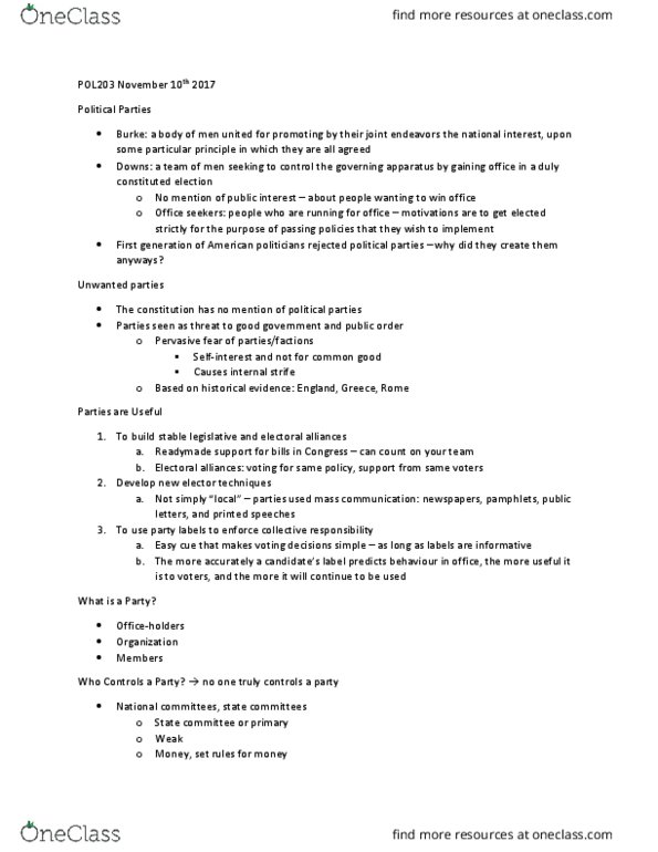 POL203Y5 Lecture Notes - Lecture 10: Corrupt Bargain, Spoils System, Second Party System thumbnail