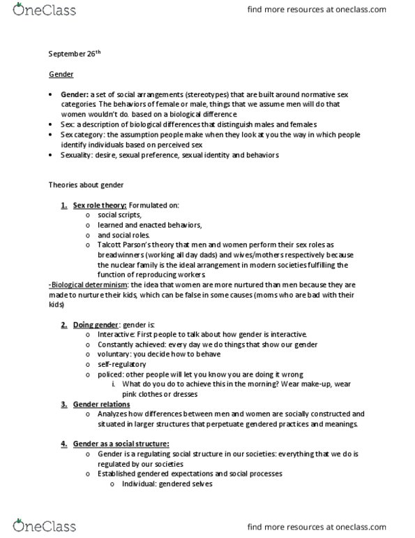 SYG 2000 Lecture Notes - Lecture 6: Role Theory, Talcott Parsons, Rape Culture thumbnail