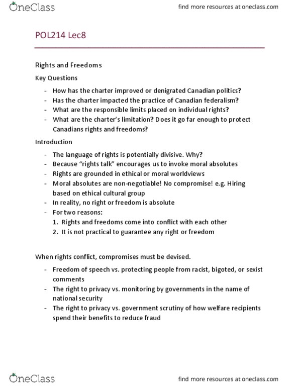 POL214Y1 Lecture Notes - Lecture 8: R V Drybones, Supermarine S.6, Section 33 Of The Canadian Charter Of Rights And Freedoms thumbnail