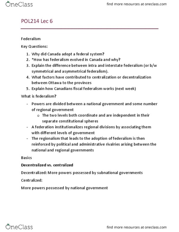 POL214Y1 Lecture Notes - Lecture 6: Compact Theory, Responsible Government, Canadian Federalism thumbnail