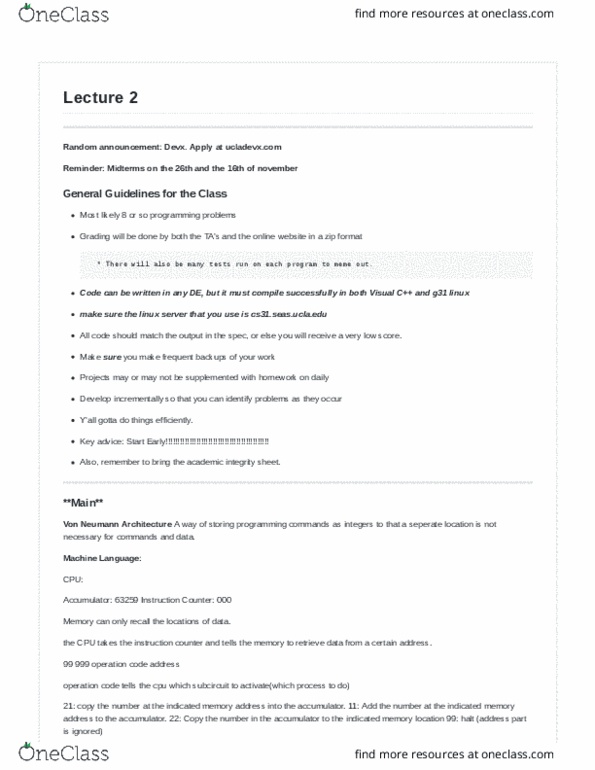 COM SCI 31 Lecture Notes - Lecture 2: Von Neumann Architecture, Assembly Language, Arithmetic Logic Unit thumbnail