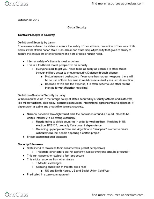 GINS 1010 Lecture Notes - Lecture 8: Complex Interdependence, Mutual Assured Destruction, Global Health thumbnail