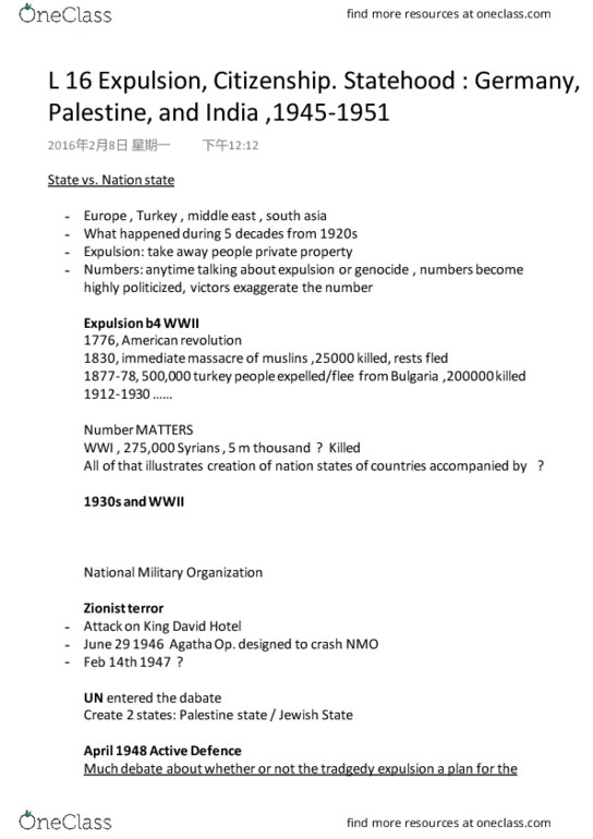 POL101Y1 Lecture Notes - Lecture 16: Mahatma Gandhi, Partition Of India, National Military Organization thumbnail