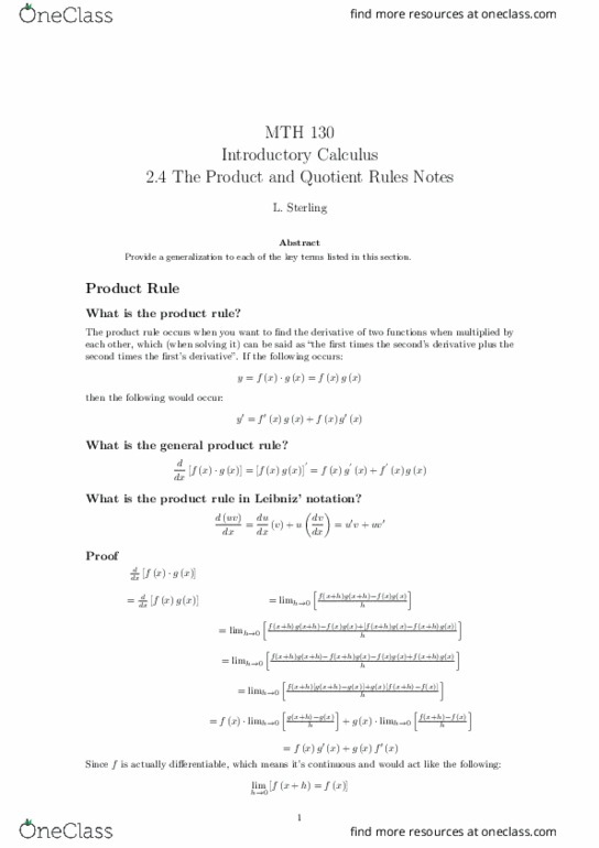 MTH 130 Lecture Notes - Lecture 11: Product Rule, Quotient Rule thumbnail