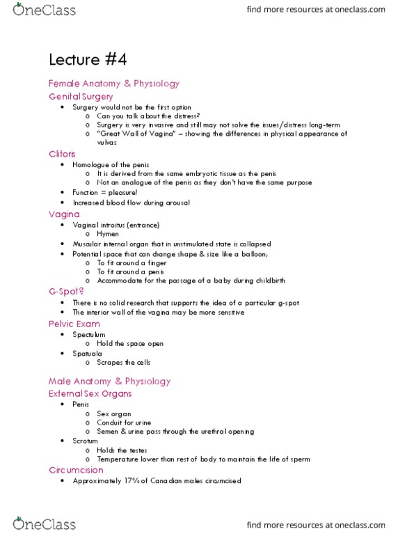 FRHD 2100 Lecture Notes - Lecture 4: Sex Organ, Potential Space, Clitoris thumbnail