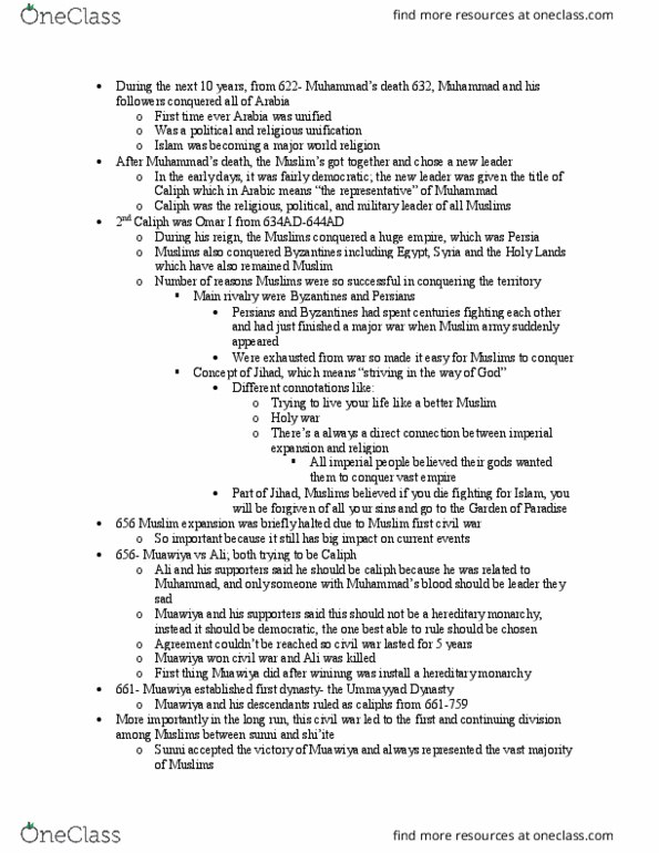 HIST 010H Lecture Notes - Lecture 16: Umar, Hereditary Monarchy, Muawiyah I thumbnail