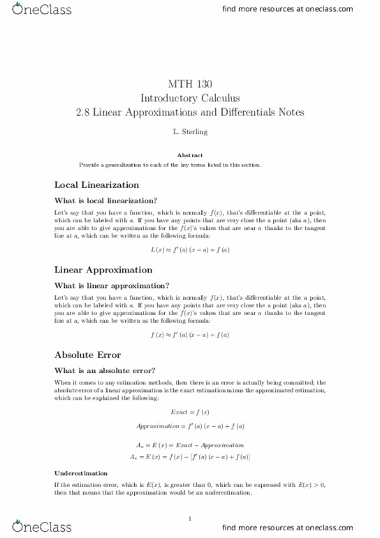 MTH 130 Lecture Notes - Lecture 15: Approximation Error, Linearization, Trigonometric Functions thumbnail