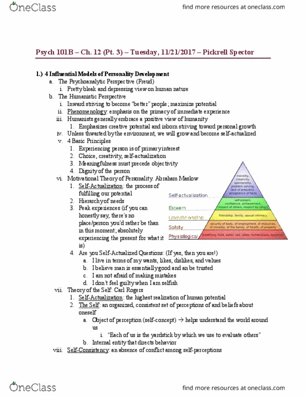 PSYCH 101 Lecture Notes - Lecture 35: Psych, Abraham Maslow, Peak Experience thumbnail