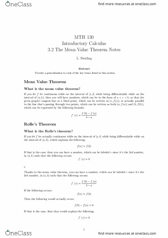 MTH 130 Lecture Notes - Lecture 17: Mean Value Theorem thumbnail