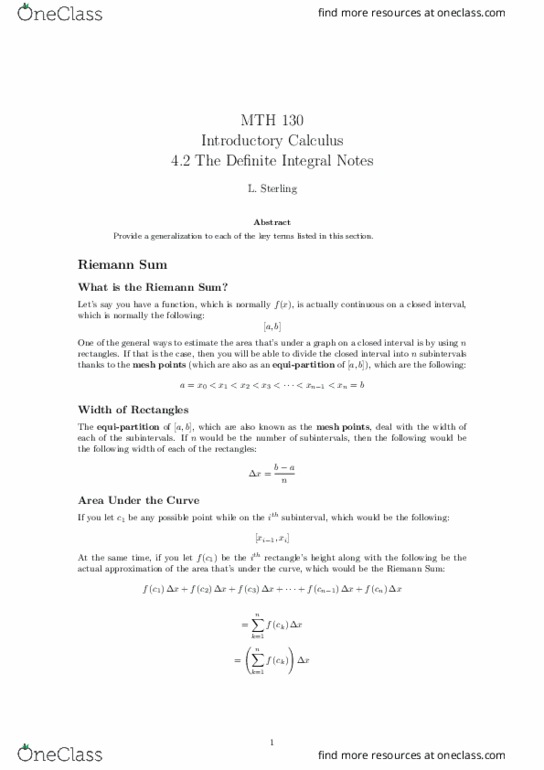 MTH 130 Lecture Notes - Lecture 24: Integral, Riemann Sum, Equipartition Theorem thumbnail