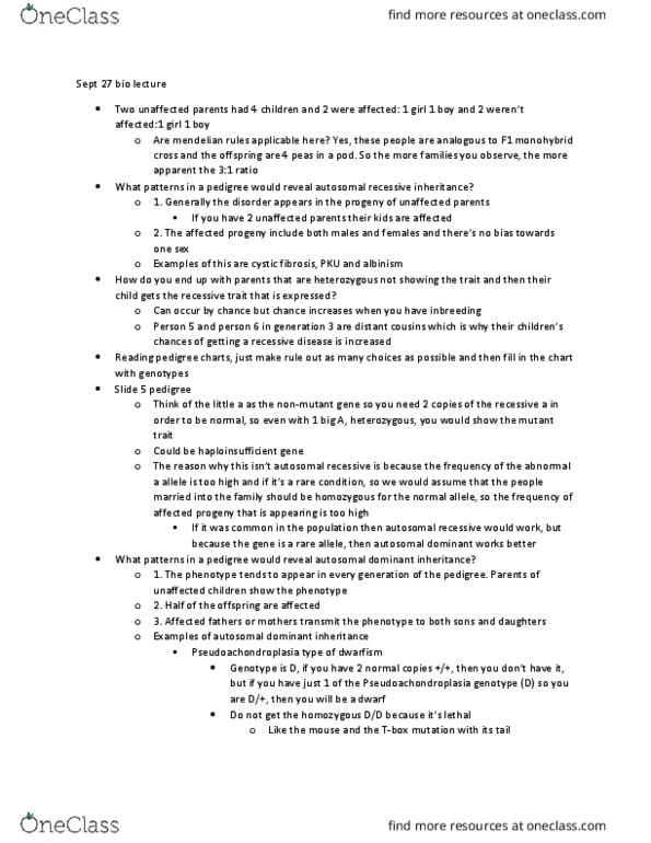 BIOL 205 Lecture Notes - Lecture 3: Chromosome, Punnett Square, Allele thumbnail