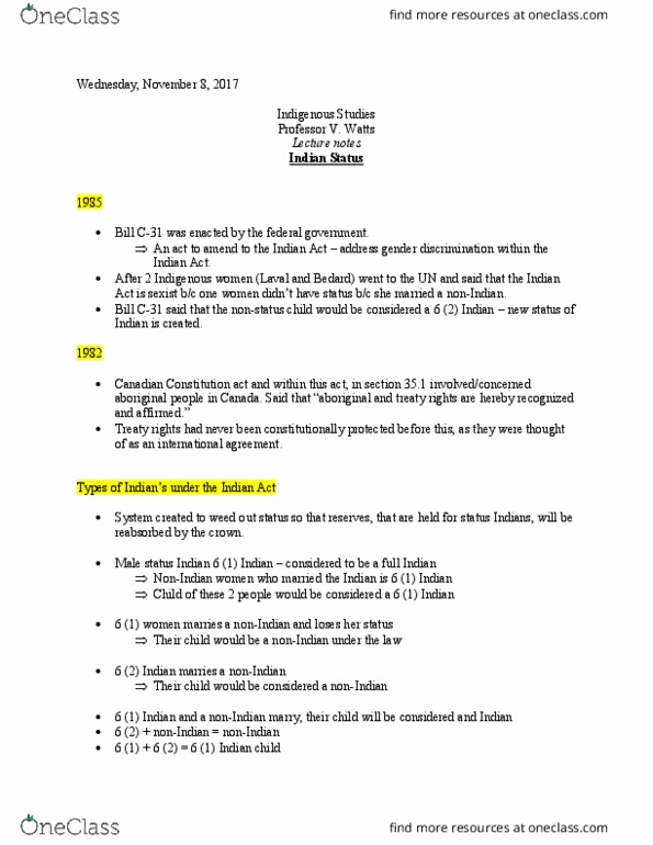 INDIGST 1A03 Lecture Notes - Lecture 11: Indian Act, Indian Register thumbnail