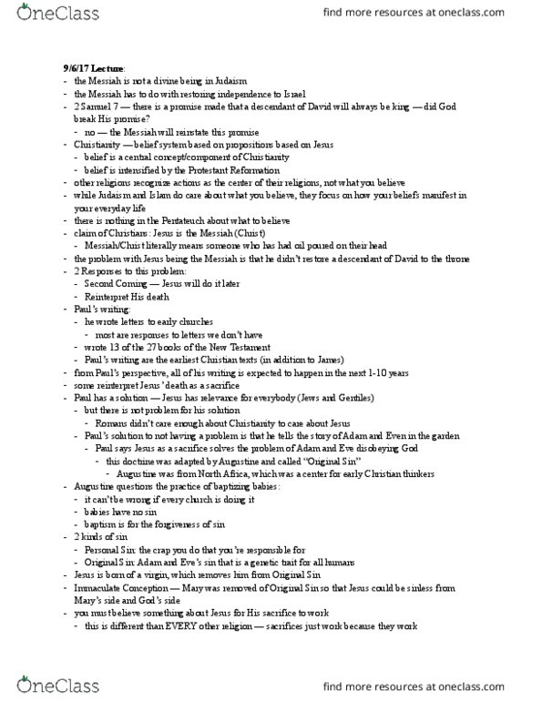 RELI 1001 Lecture Notes - Lecture 4: Torah, Ransom Theory Of Atonement, List Of Sovereign States And Dependencies By Area thumbnail