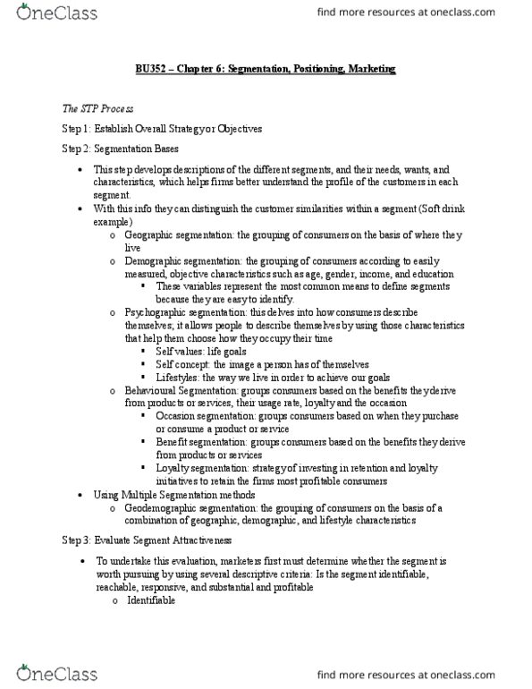 BU352 Chapter Notes - Chapter 6: Psychographic, Ideal Point, Mass Customization thumbnail