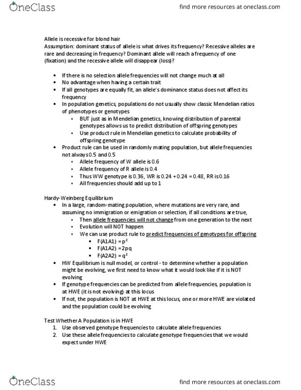 Biology 1001A Lecture Notes - Lecture 12: Population Genetics, Genotype Frequency, Product Rule thumbnail