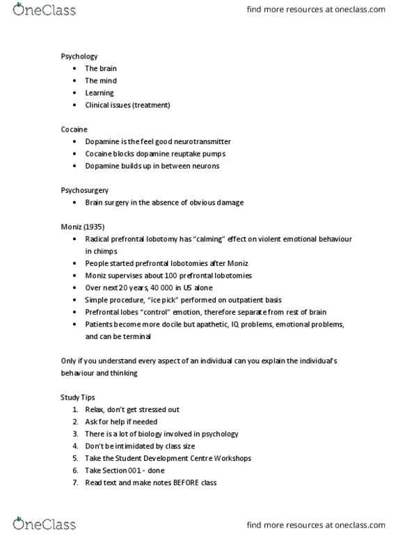 Psychology 1000 Lecture Notes - Lecture 1: Reuptake, Psychosurgery, Lobotomy thumbnail