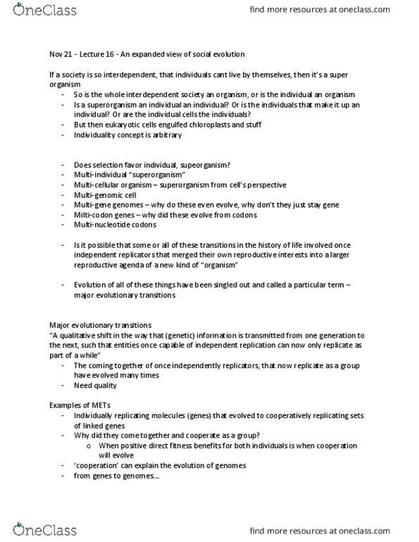 Biology 3436F/G Lecture Notes - Lecture 16: The Major Transitions In Evolution, Protozoa, Social Evolution thumbnail